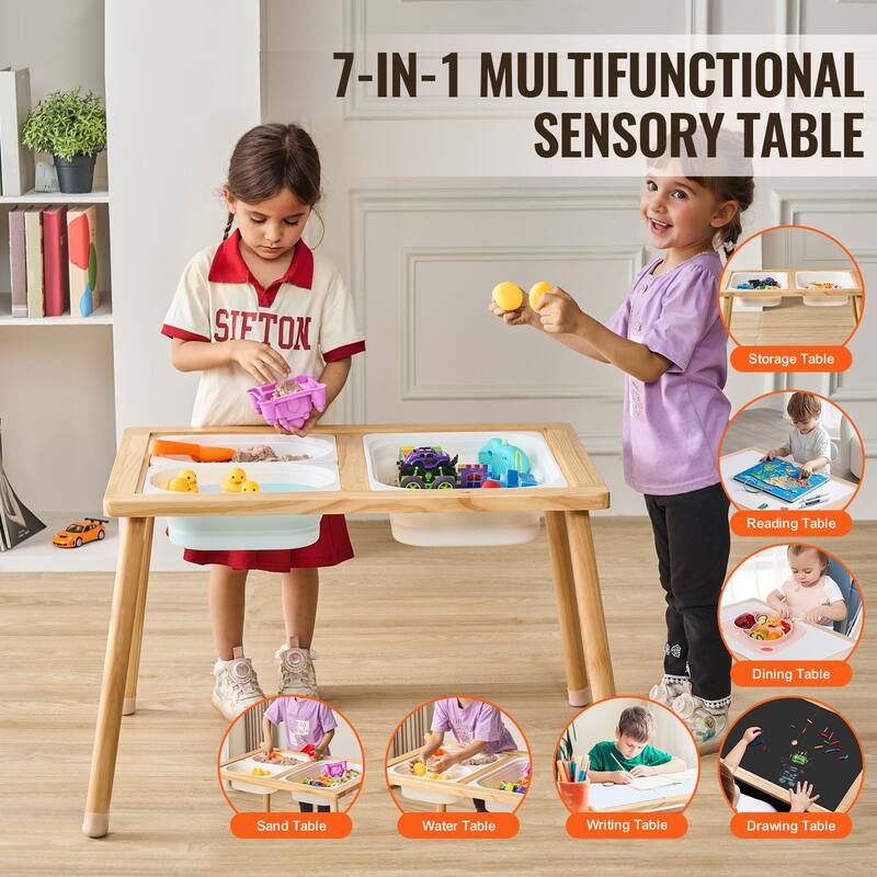 Natural Pine Wood Sensory Table with Storage Bins for Kids - 32.1” L x 23.6” W x 19.9” H