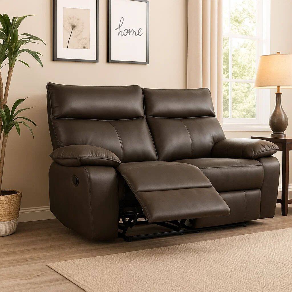 Ozy Manual Recliner Loveseat, 64 Inch, Contemporary Brown Grain Leather