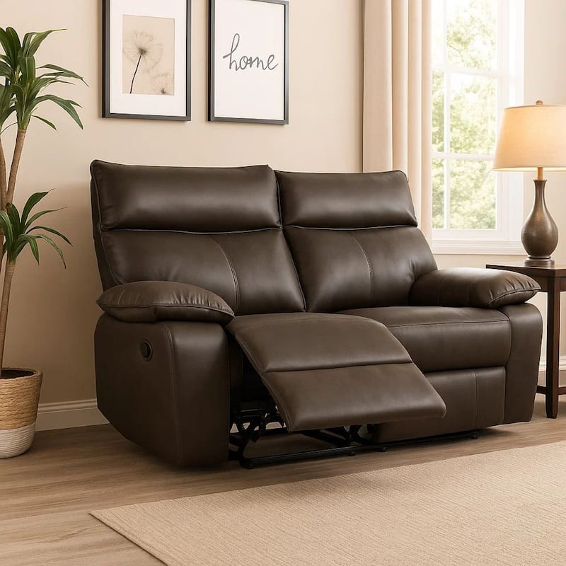 Ozy Manual Recliner Loveseat, 64 Inch, Contemporary Brown Grain Leather