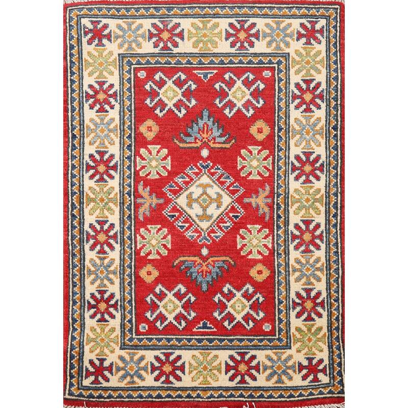 Hand Knotted Oriental 100% Wool Carpet Traditional Geometric Red Kazak Area Rug - 3' 0'' X 2' 0''