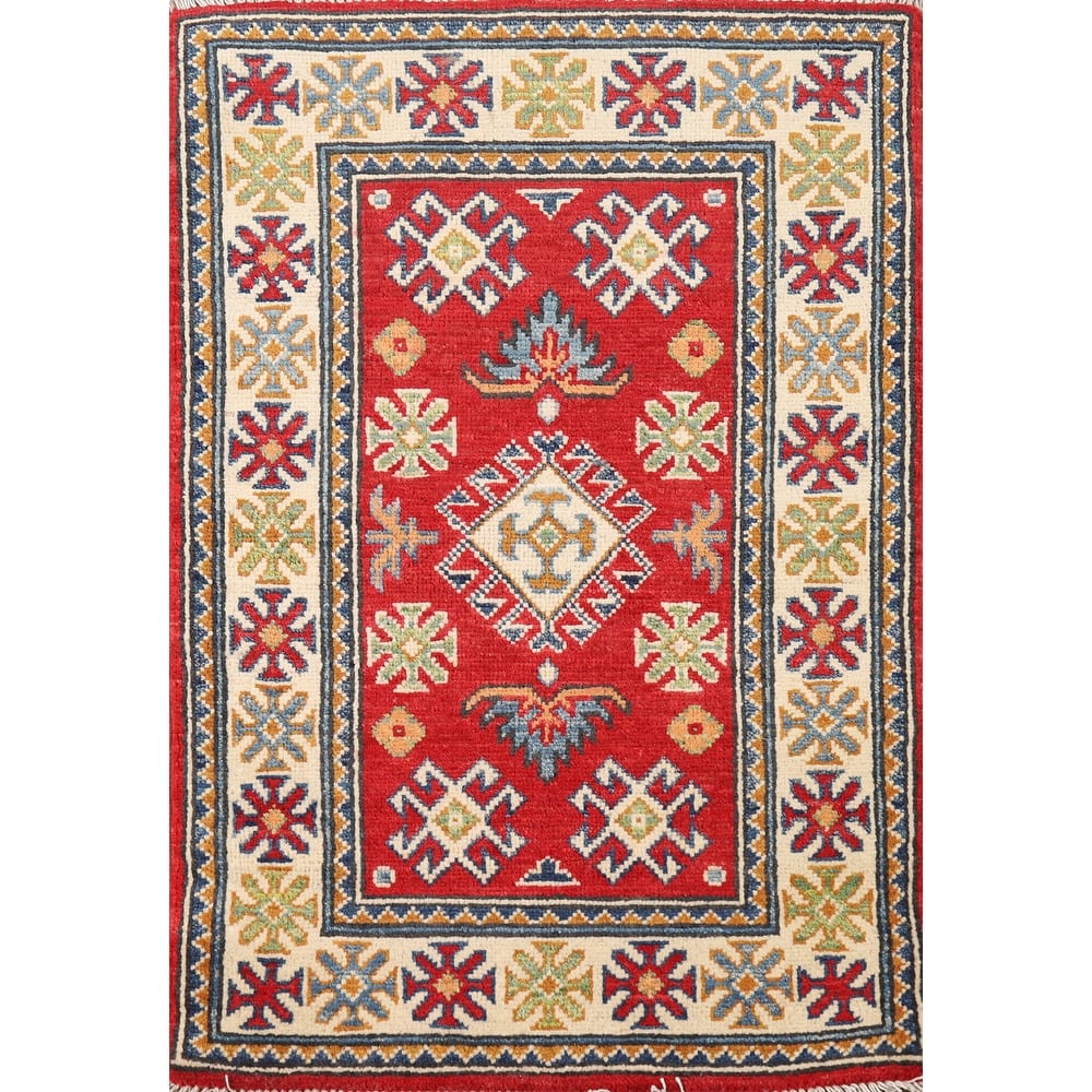 Hand Knotted Oriental 100% Wool Carpet Traditional Geometric Red Kazak Area Rug - 3' 0'' X 2' 0''