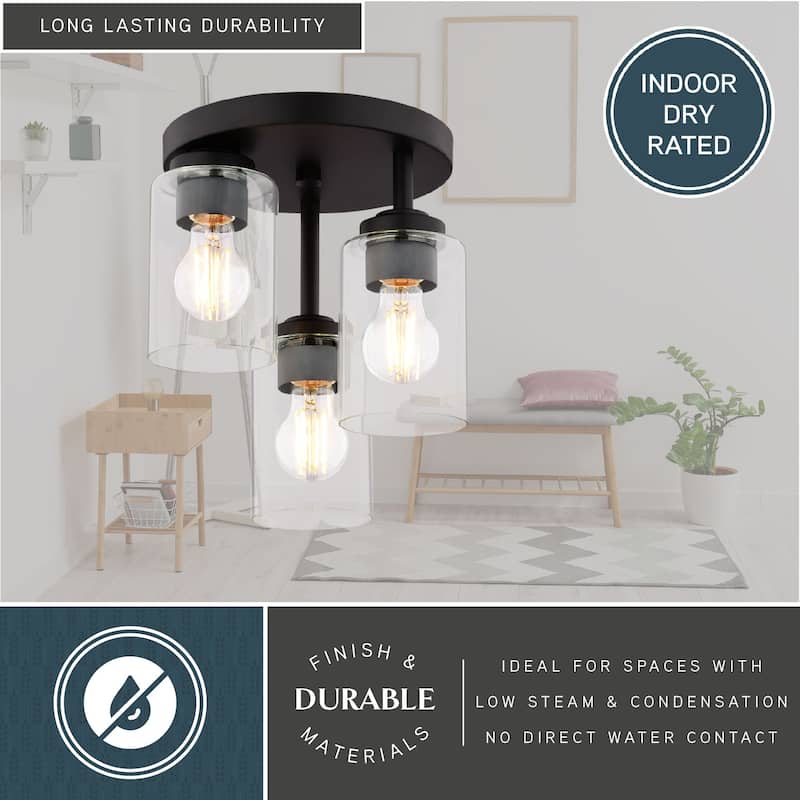 Park Ridge 3-Light Semi Flush Mount Lighting Fixture, Clear Cylinder Glass Shade Low Ceilings, Hallway, Kitchen