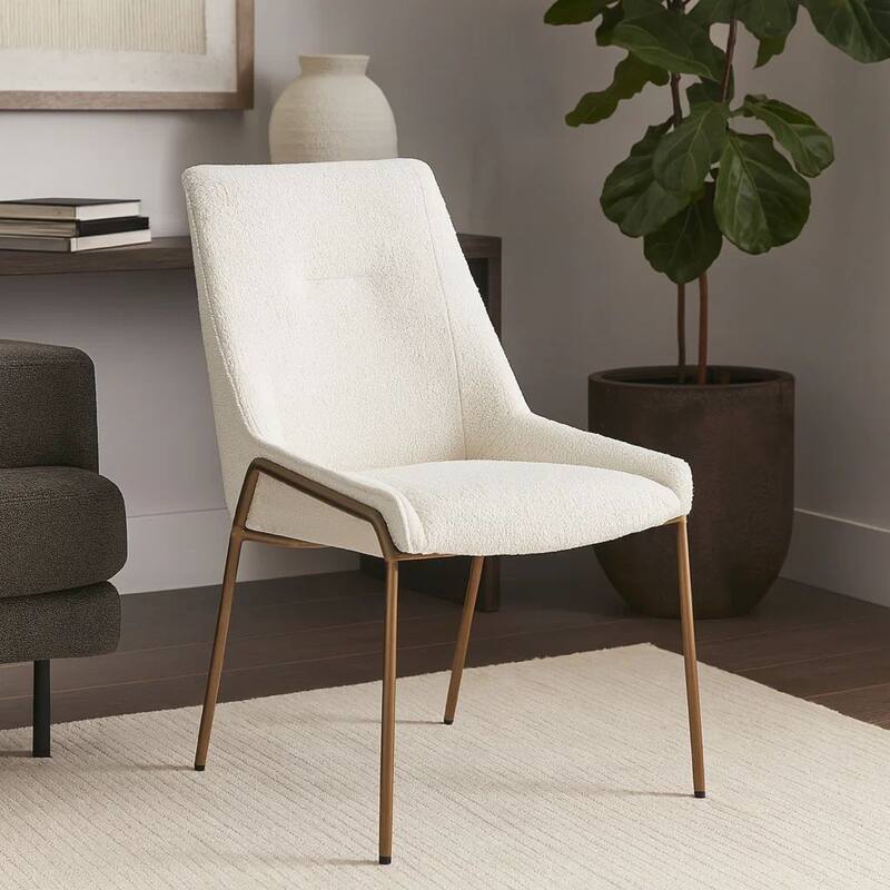 Rise 21 Inch Dining Chair, Boucle Upholstery, Tapered Legs, Set of 2, White, Bronze