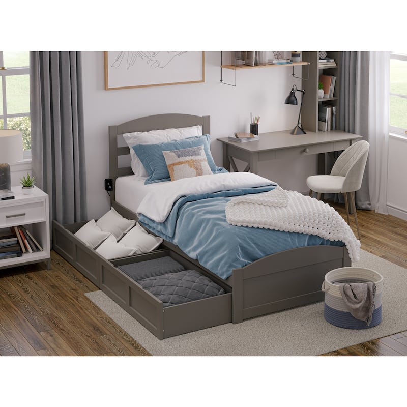 Twin Bed with Drawers & Charging Station - Grey Platform Bed Frame, No Box Spring Needed