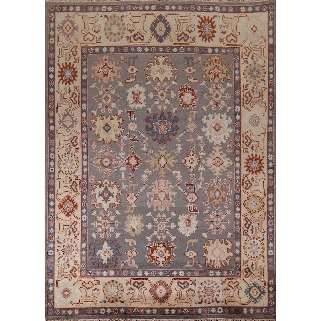 All-Over Gray Geometric Oushak Indian Rug Hand-Knotted Wool Carpet - 8'0"x 10'0"