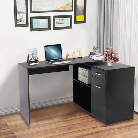 180° Rotating Corner Computer Desk L-Shaped Table Storage Shelf Drawer Combo