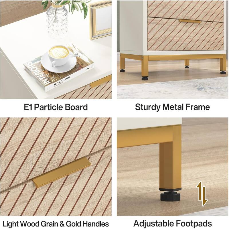 White-Gold Wood Nightstand with Adjustable Foot Pads and Multifunction