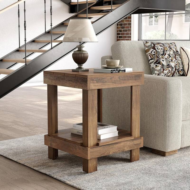 15.7" 2-Tier Wooden End Table with Open Storage Shelves - Farmhouse Square Side Table for Living Room or Bedroom