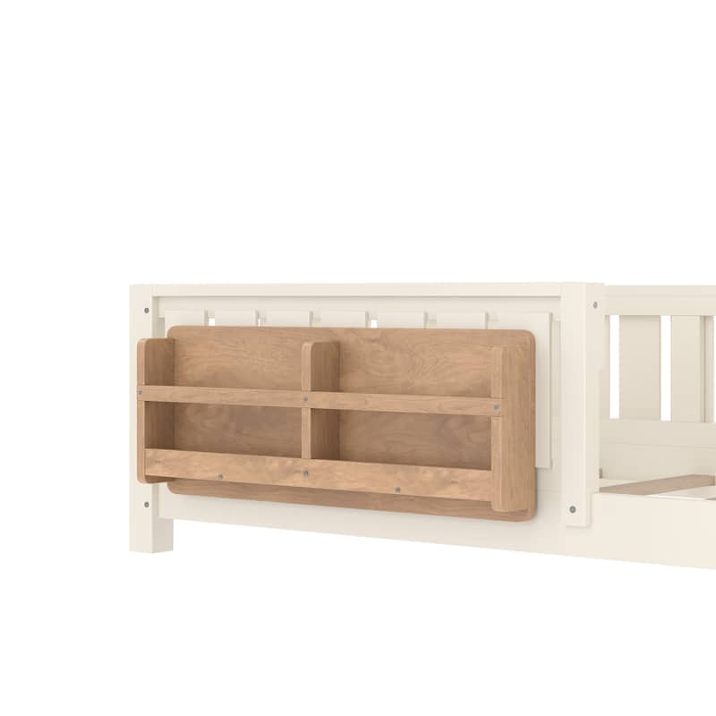 Low Profile Montessori Bed Floor Platform Bed with Fence and Bookshelf