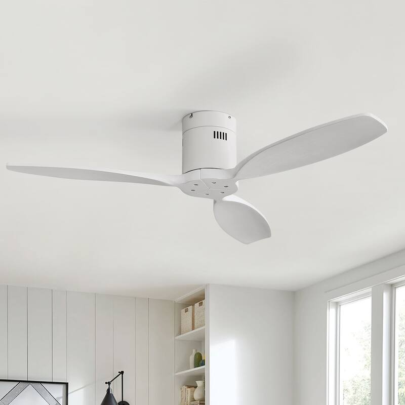 Sofucor 52inch Solid Wood Ceiling Fan with Lights and Remote,Flush Mount Quiet Reversible DC Motor,Smart Control Optional - no light - White with White Solid wood Blades