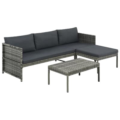 vidaXL 3 Piece Patio Lounge Set with Cushions Poly Rattan Gray - 5' 11" x 1' 11" x 1' 11"