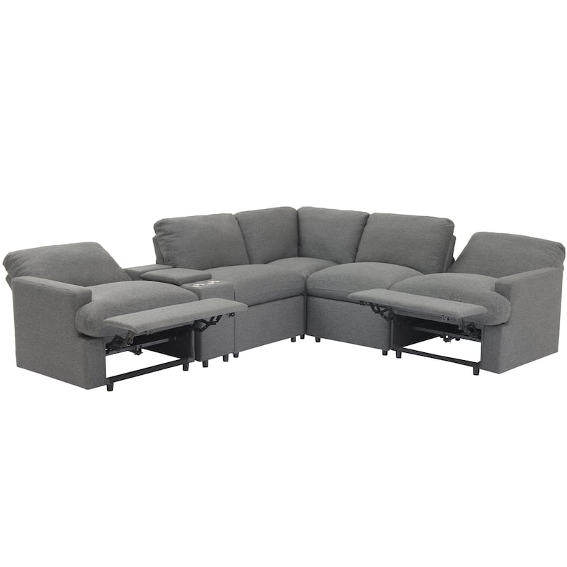 104" Linen Power Recliner Sectional 4-Seat Sofa with Storage, USB Ports and Cup Holders