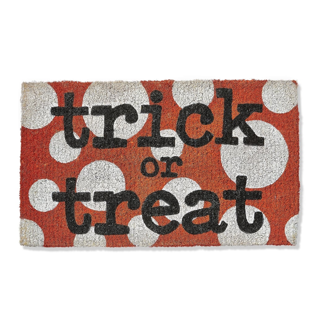 1'6" x 2'6" Trick Or Treat Sentiment with White Polka Dots Rectangle Indoor and Outdoor Coir Door Welcome Mat Orange