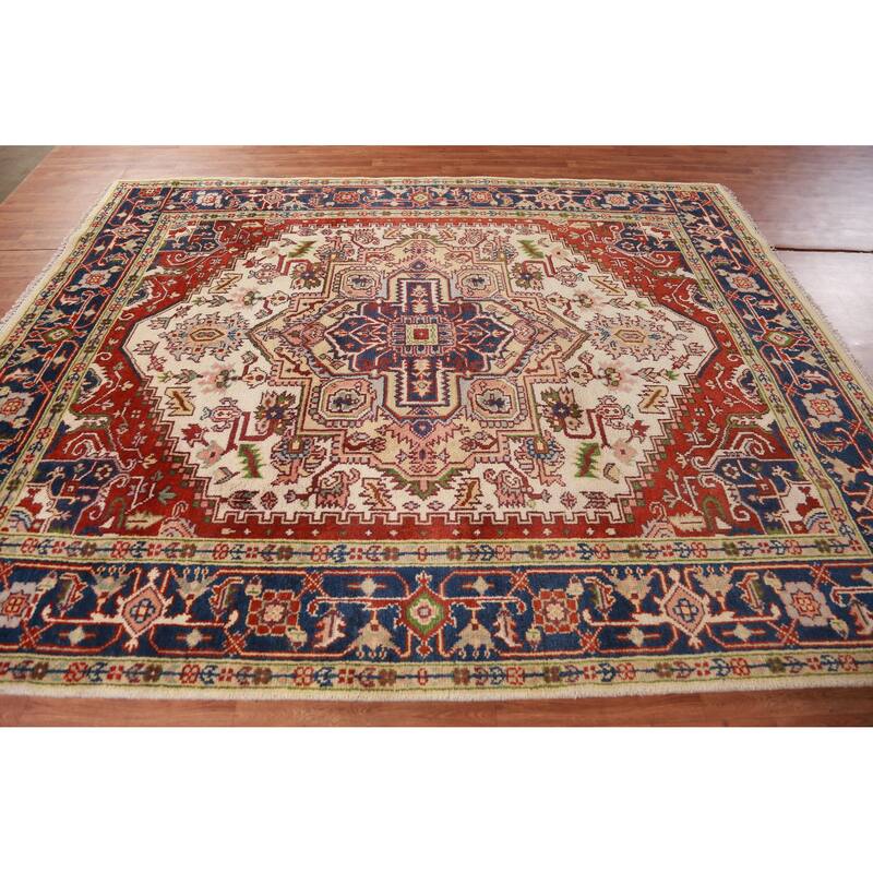 Hand Knotted Oriental 100% Wool Carpet Traditional Medallion Beige & Ivories Heriz (serapi) Area Rug - 9' 10'' X 7' 11''