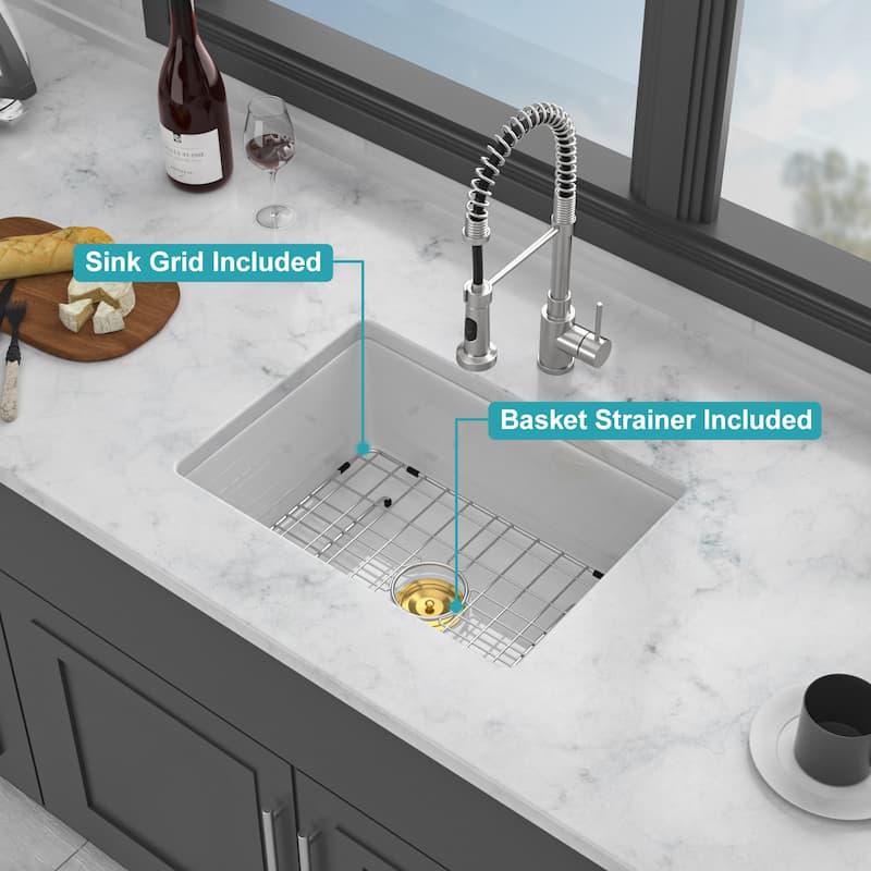 24" Undermount Single Bowl Ceramic Kitchen Sink in White - 24'' x 18'' x 9''