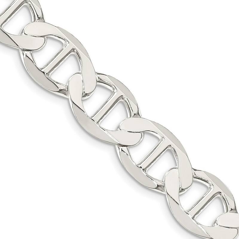 Curata 925 Sterling Silver 12.3mm Semi solid Flat Mariner Anchor Chain Necklace