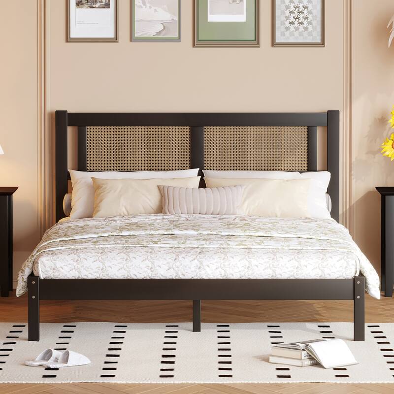 Natural Rattan Headboard Platform Bed - Queen/Full Size, Modern Minimalist Design, No Box Spring Required