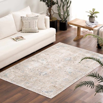 Hauteloom Caylin Living Room, Bedroom Machine Washable Area Rug - Cream, Dark Brown, Peach - 5' x 7'6"