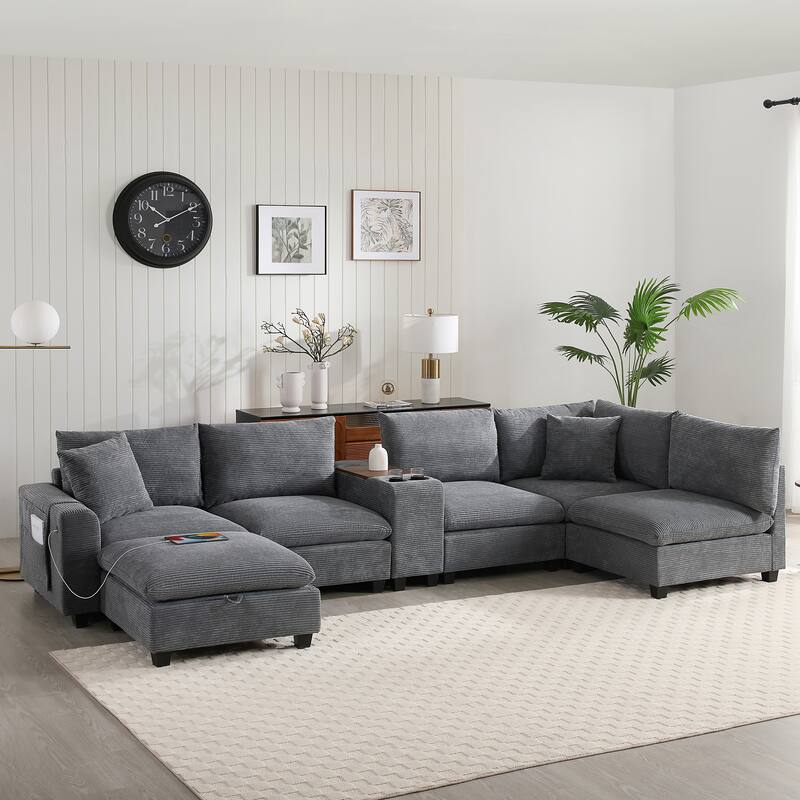 140" Corduroy U-Shaped Modular Sectional Sofa with Storage & USB