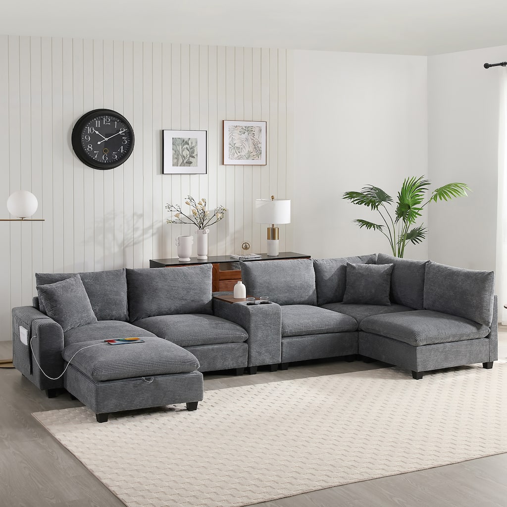 140" Corduroy U-Shaped Modular Sectional Sofa with Storage & USB