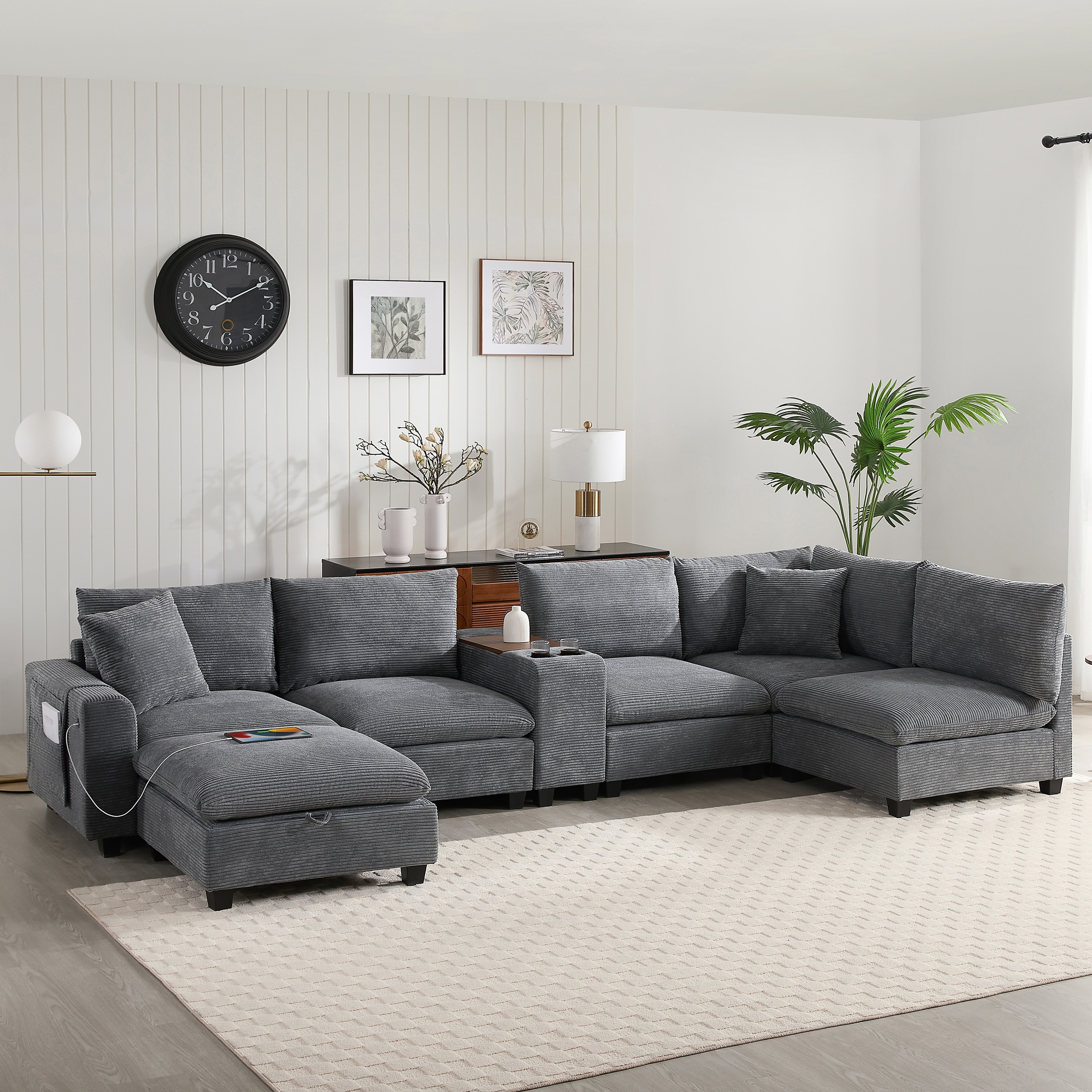 Oversized Modular Sectional Sofa with Movable Storage,Removable Storage Pockets,USB Charger,6 Seat U Shaped Chenille Couch
