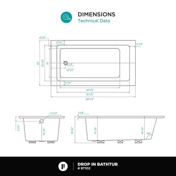dimension image slide 1 of 5, Fine Fixtures Drop In Soaking Bathtub Fiberglass Acrylic Material