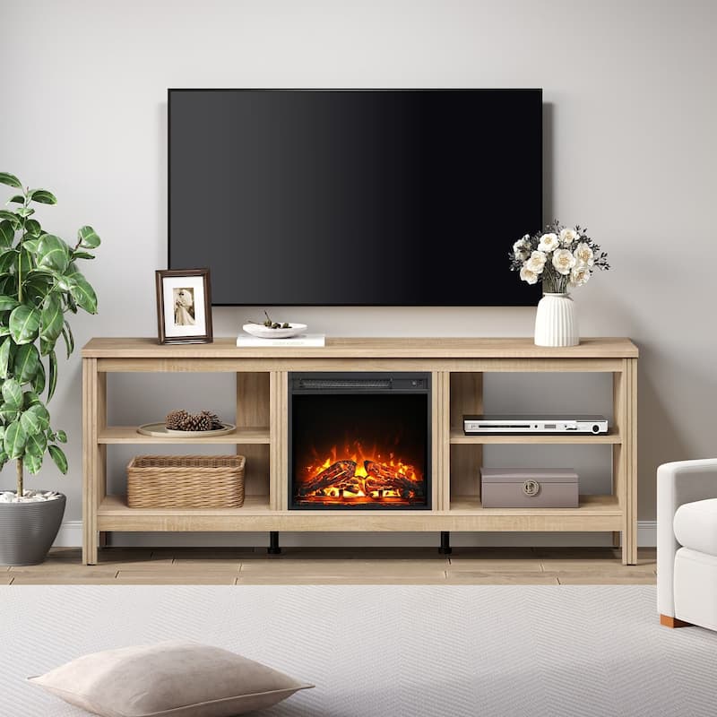Wood Fireplace TV Stand for 75 Inch TV Entertainment Center, 70 Inch
