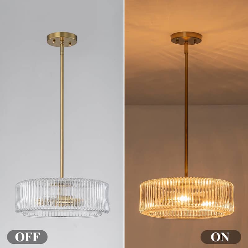 Modern Industrial 3-Light Clear Ribbed Glass Drum Pendant Light for Dining and Living Room