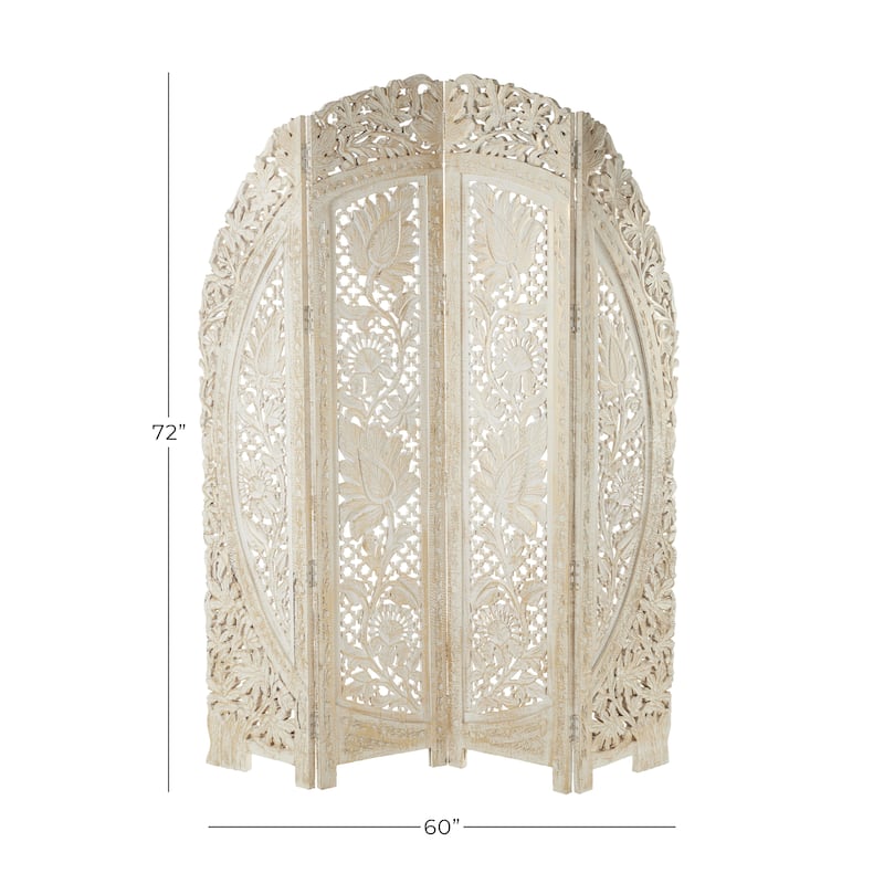 Wood Floral Handmade Foldable Arched 4 Panel Room Divider Screen with Intricately Carved Designs - White - Roche River Decor