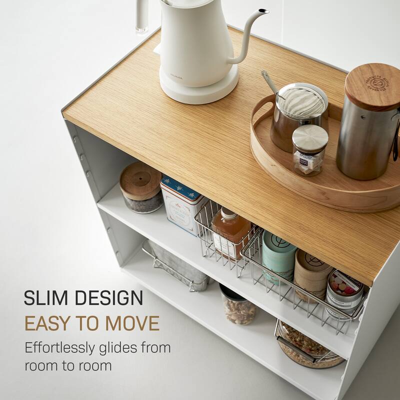 Yamazaki Home Mobile Hideaway Storage Cart, Steel and Wood, Wheels - L 13.9 x W 23.74 x H 23.23 inches