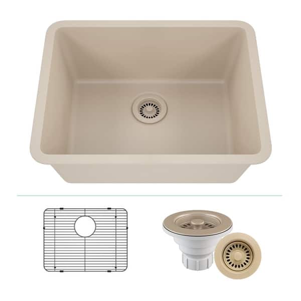 slide 2 of 8, 23"x18" Quartz Single Bowl Sink, Drop-In/Undermount w/ Grid & Strainer. Galaxy Beige