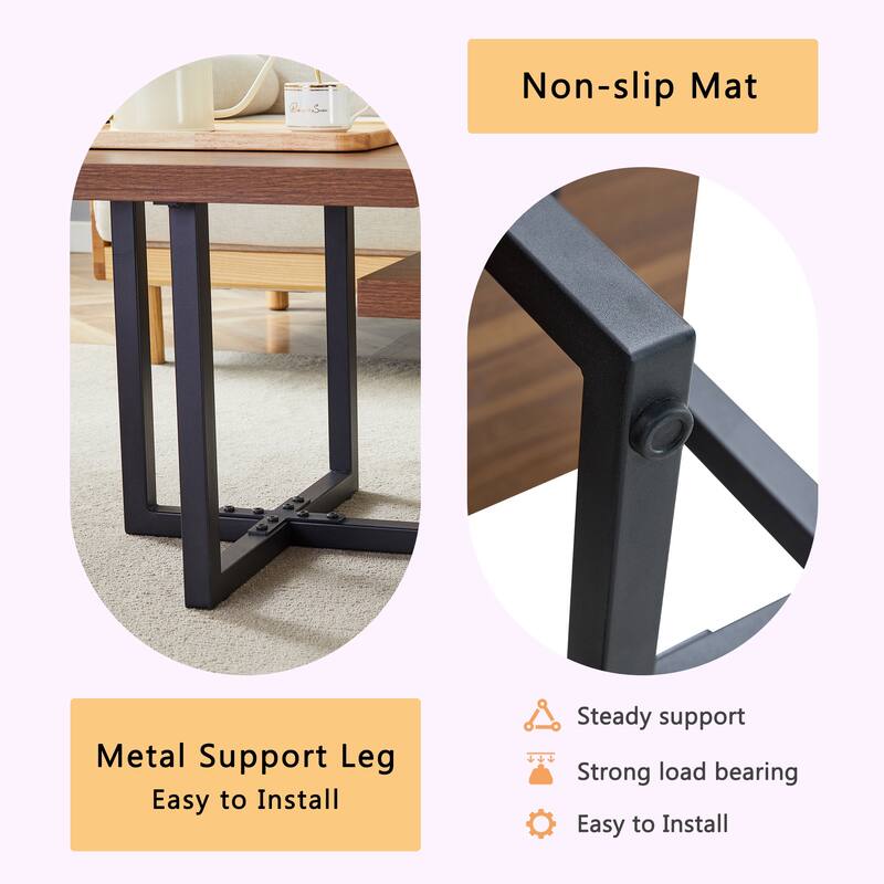 Modern 2-Tier Coffee Table with Walnut Wood Top, Square Center Table with Black Metal Base for Living Room, Stylish Furniture