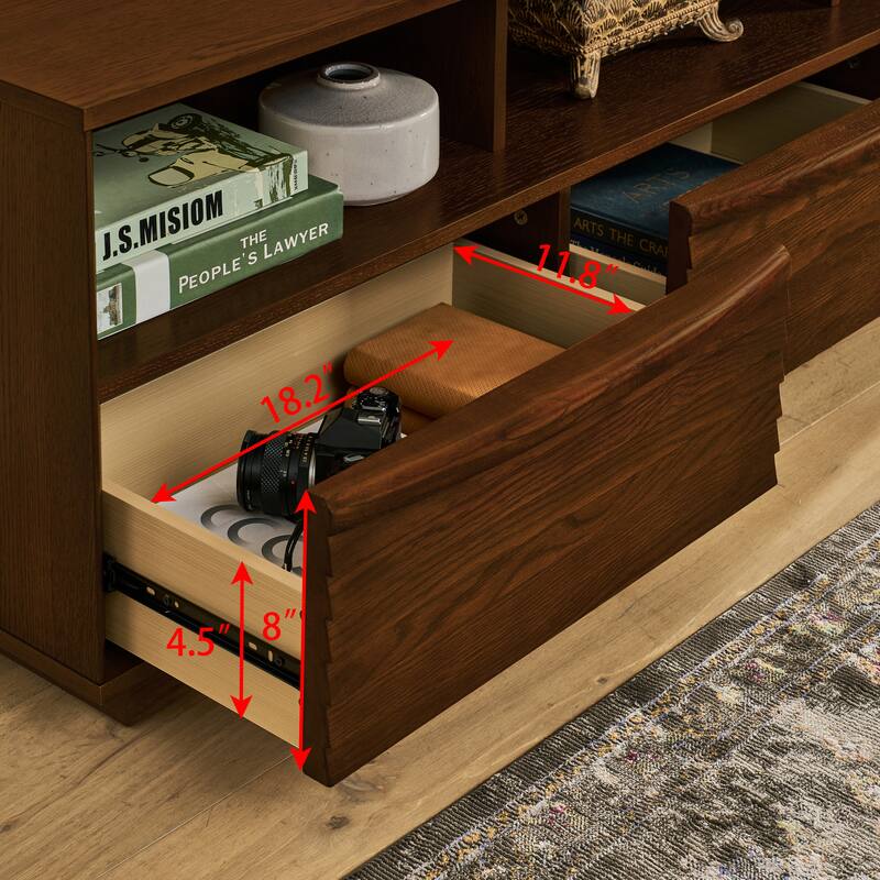 63" Mid-Century Modern TV Stand for TVs up to 75", Farmhouse Media Console with Louver Design, Drawers & Outlet Holes