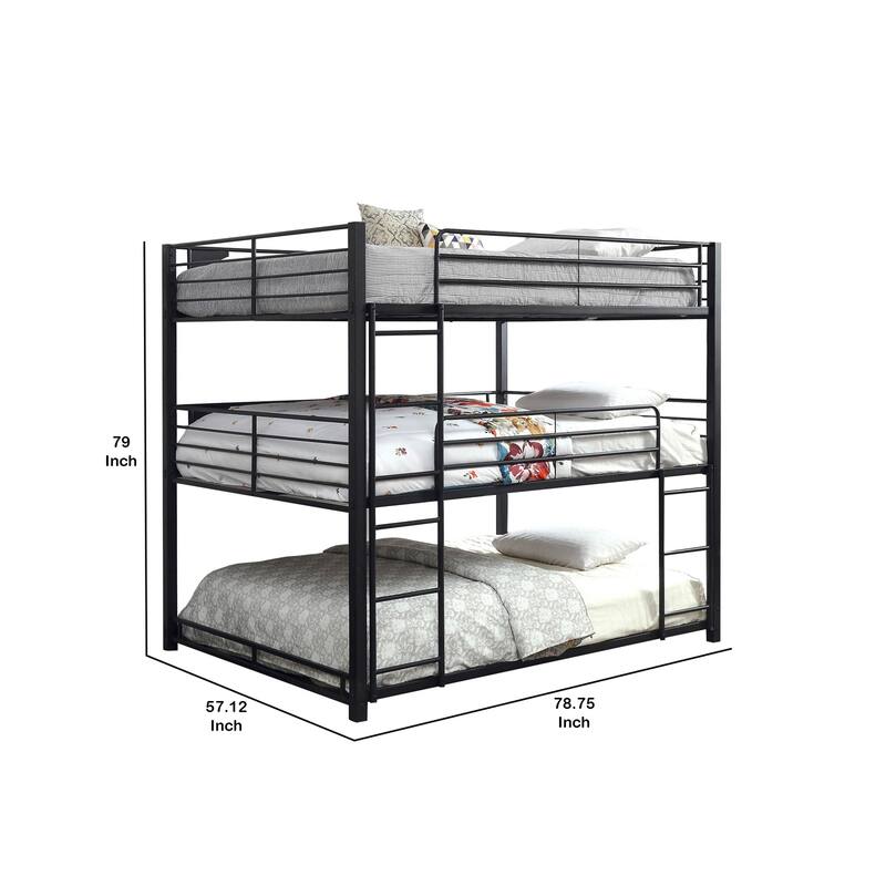 Queen Triple Bunk Bed with Ladder - Metal Frame - 2 Ladders & Guard Rails - Black Finish