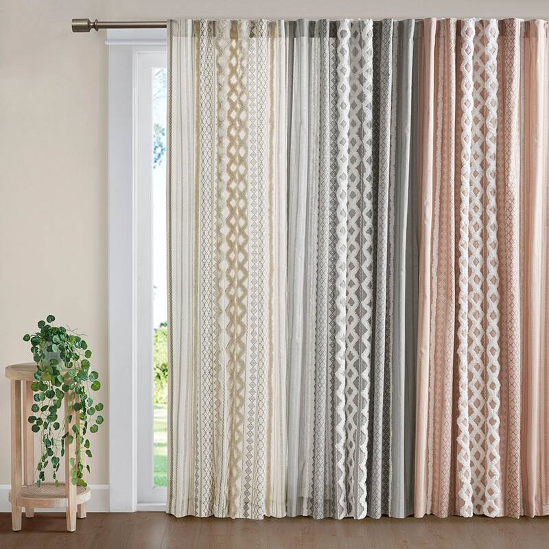 1PC Cotton Printed Curtain Panel with Chenille Stripe and Lining - Gray - 95 Inches