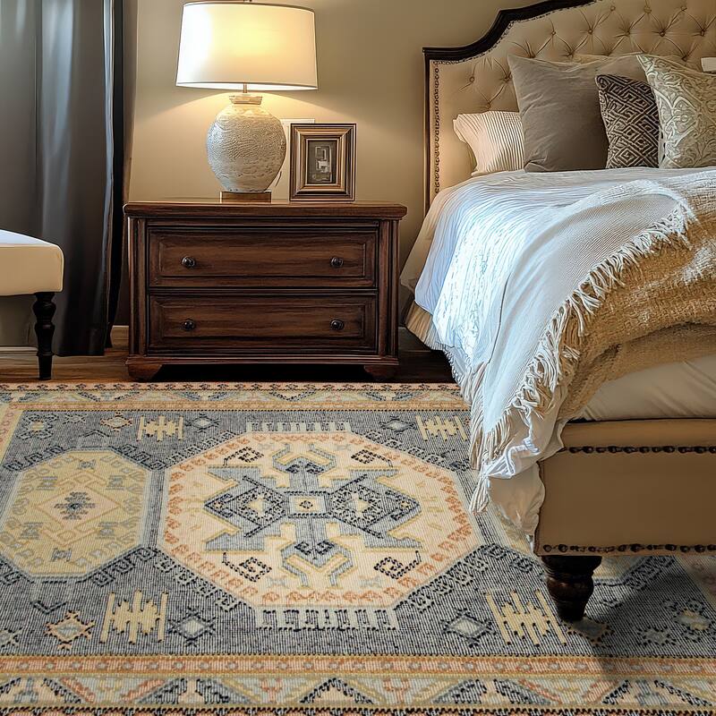 Blue Handwoven Wool High-Low Kilim Rug by EORC | Stylish and Textured