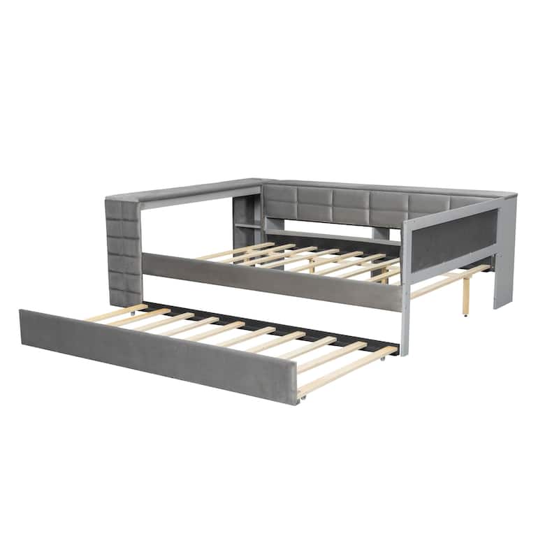 All-in-One Modern Velvet Upholstered Full Platform Bed with Trundle by Harper&Bright Designs