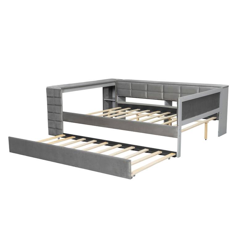 Roomfitters Full Size Upholstered Platform Bed with Built-in Desk, Storage Shelves, Charging Station and Pull-Out Trundle