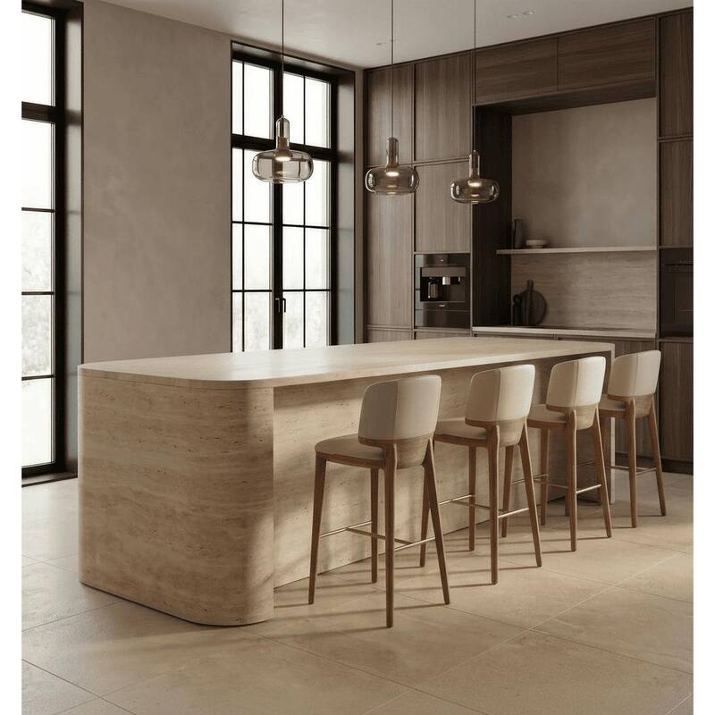 Modrest Calvary Mid-Century Modern Beige Vegan Leather & Walnut Counter Chair