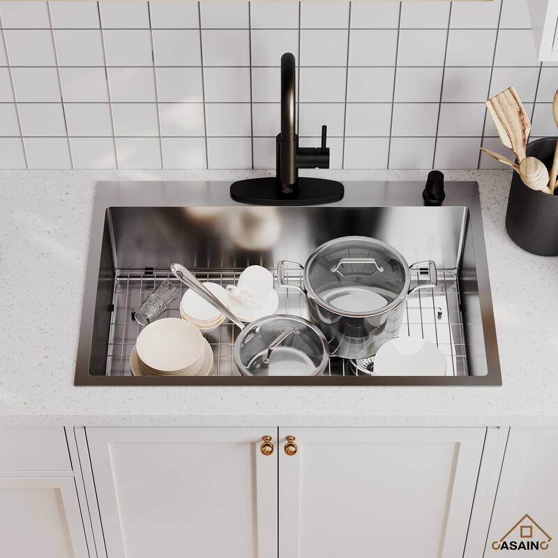 Stainless Steel Sink 33 in. 16-Gauge Single Bowl Drop-In Kitchen Sink with Bottom Grid and Drainer - 33" x 22"