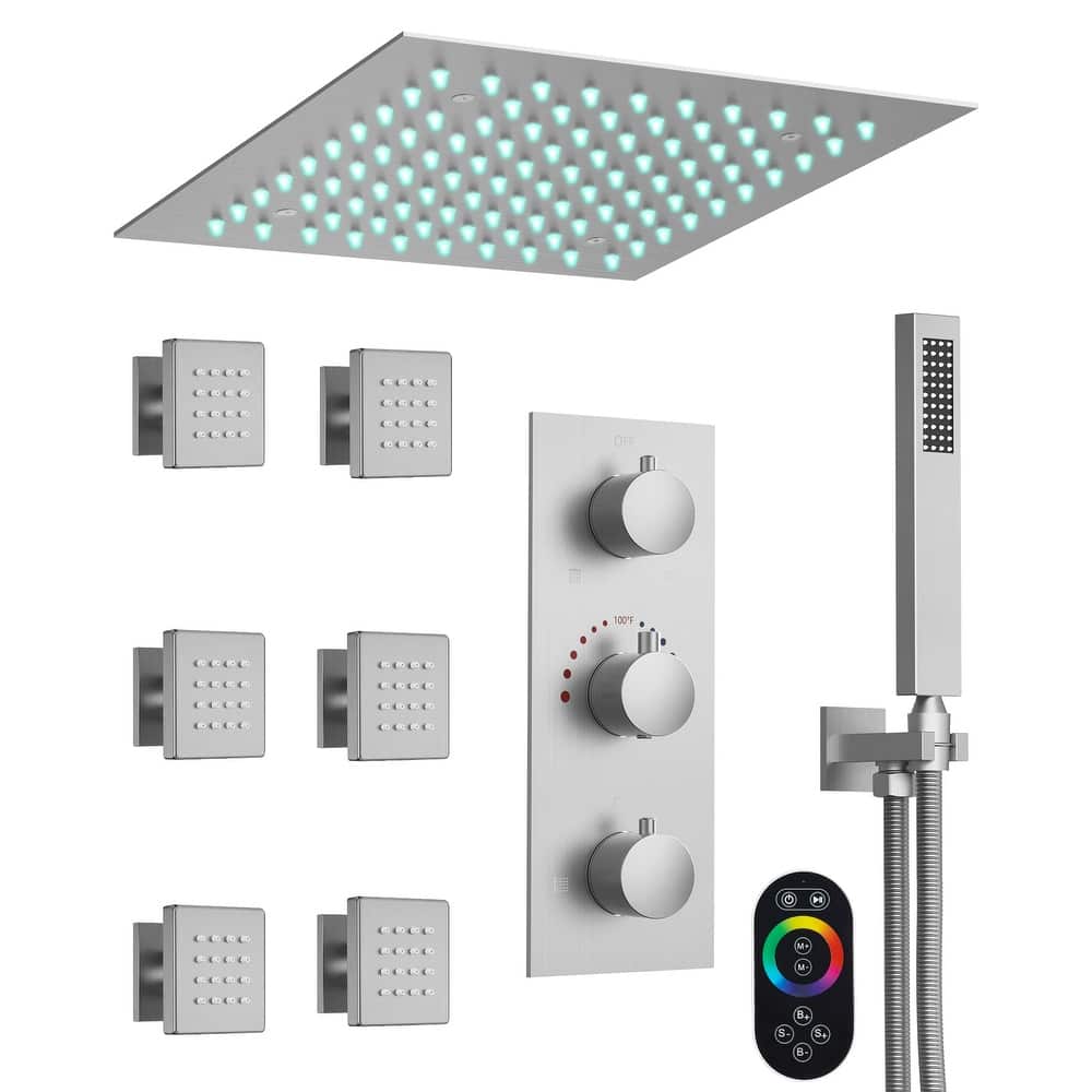 GRANDJOY 12" Ceiling-Mount Shower System with LED Rainfall Head, Handheld Spray and 6 Body Jets
