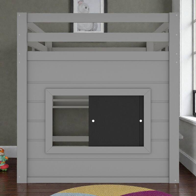 Twin/Full Loft Bed with Sliding Chalkboard, Built-in Bookshelf, Solid Wood Frame & Safety Guardrails, Kids Playhouse Bed