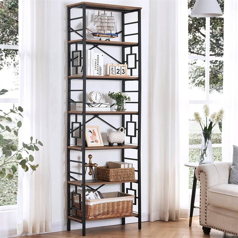 Tall Bookshelf Metal Bookcase and Bookshelves - 11.8"D x 23.6"W x 84.4"H - Rustic Brown