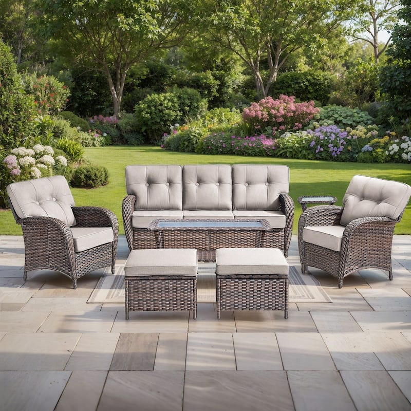 Pocassy 7 Piece Ooutdoor Sofa with Patio Chair Ottoman Table - Brown Wicker & Beige cushion