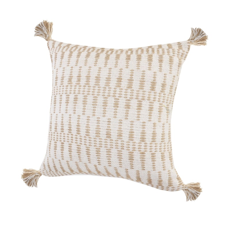 20" Ivory and Tan Geometric Tassel Square Throw Pillow