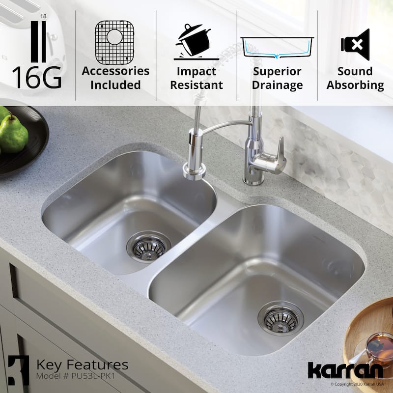 Karran 32" Undermount 16-Gauge Stainless Steel 40/60 Double Bowl Kitchen Sink Kit