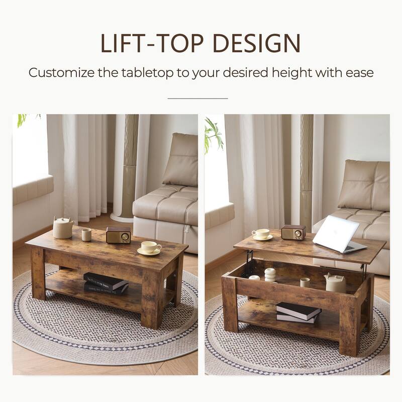 Wooden Coffee Table, Lift Top Coffee Table With Large Hidden Storage Shelf, Lift Tabletop Dining Tables