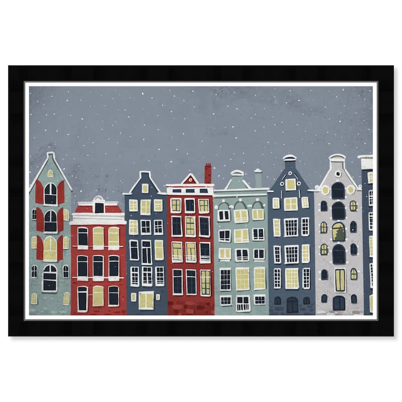 Wynwood Studio Prints Cities and Skylines Snowy City Skyline Blue and Maroon Scandinavian Wall Art Canvas Print