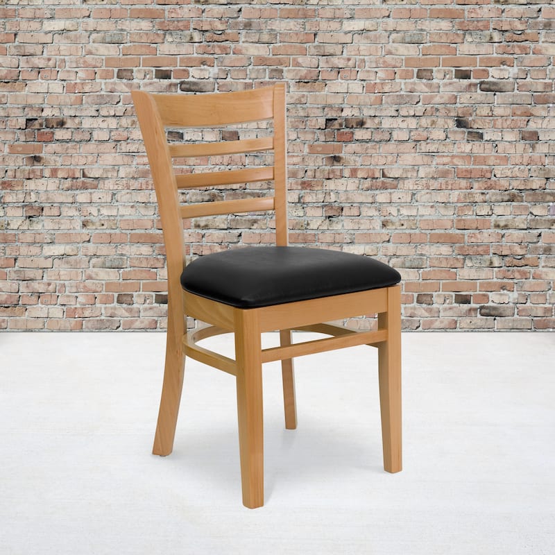 Ladder-back Wood Restaurant Chair - 17.5"W x 20"D x 33.75"H - Black Vinyl Seat/Natural Wood Frame