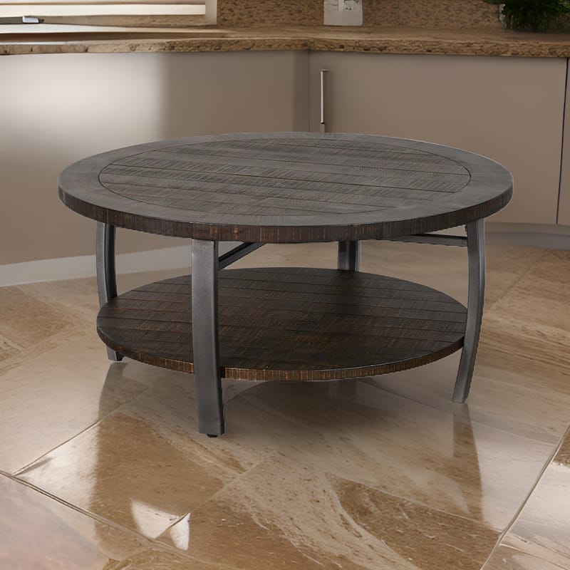 Flint Coffee Table w Shelf, Barrel Shape, 38 Inch Dark Brown Round Top